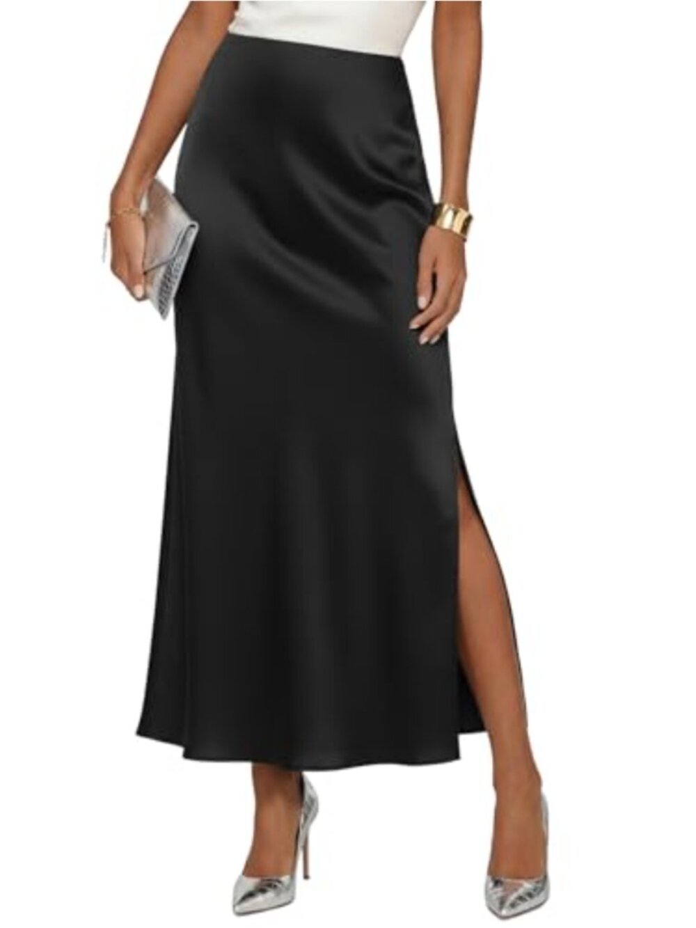 Satin High Waisted Side Split Maxi Skirt Elegant A-Line Work Party